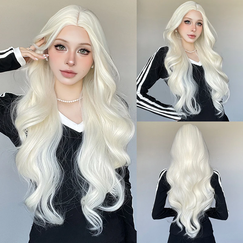 White wig Halloween cosplay, full headpiece with middle-parted long curly synthetic hair for women
