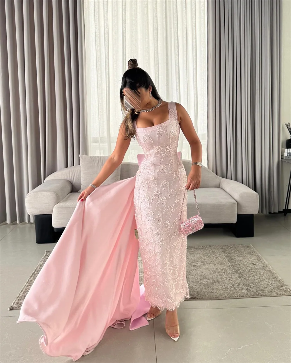 Contessa personalizado frisado lantejoulas vestido de baile com elegante arco tribunal trem sereia vestido de noche tornozelo-comprimento vestido de noite feminino