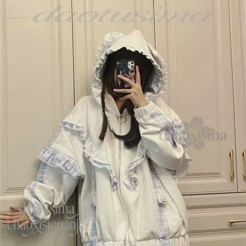 Jirai Kei Styles Fashion Top Y2K Japanese Vintage Gothic Punk Kawaii Long Sleeve Plaid Patchwork Ruffle Irregular Hoodie Street