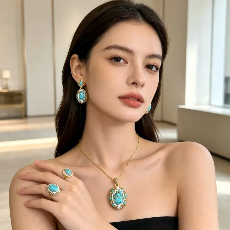 エレガントなレディースジュエリーセット 3点セット ターコイ - Turquoise Stone Ring のレビューと価格