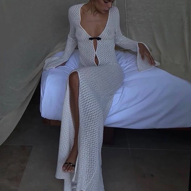 Casual Solid Long Sleeved Splice Dress Sexy Deep V-Neck Slim Beach Vacation Dresses Temperament Knitted Hollow Out Hug Hip Dress