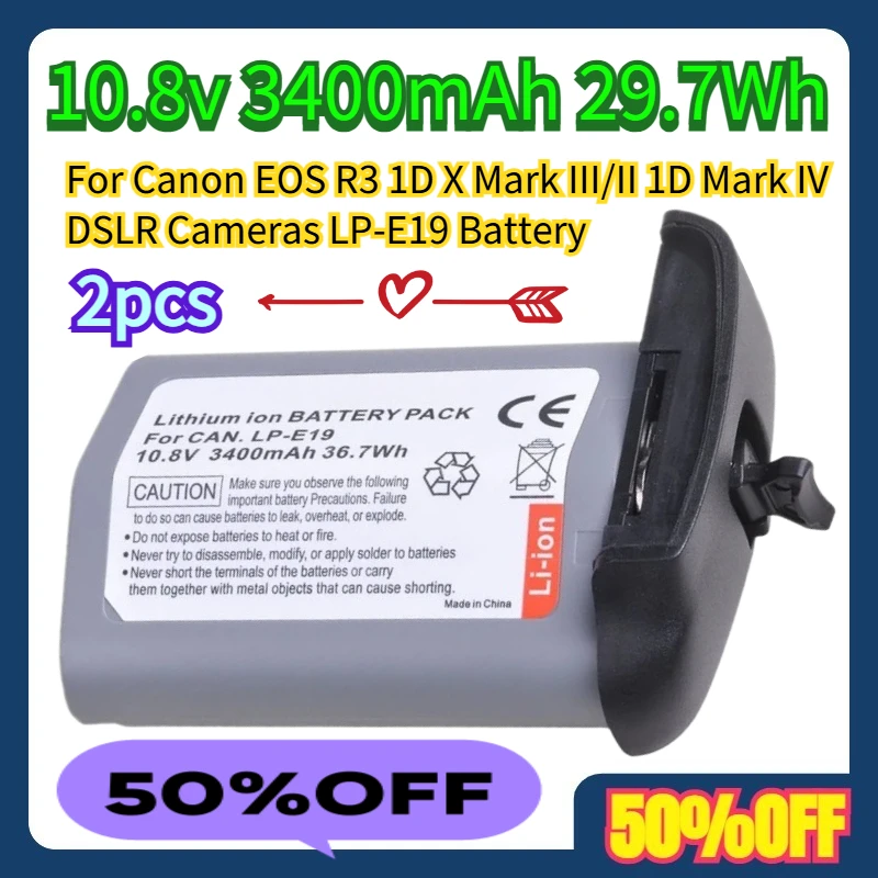

2pcs For Canon EOS R3 1D X Mark III/II 1D Mark IV DSLR Cameras LP-E19 Battery 10.8v 3400mAh 29.7Wh