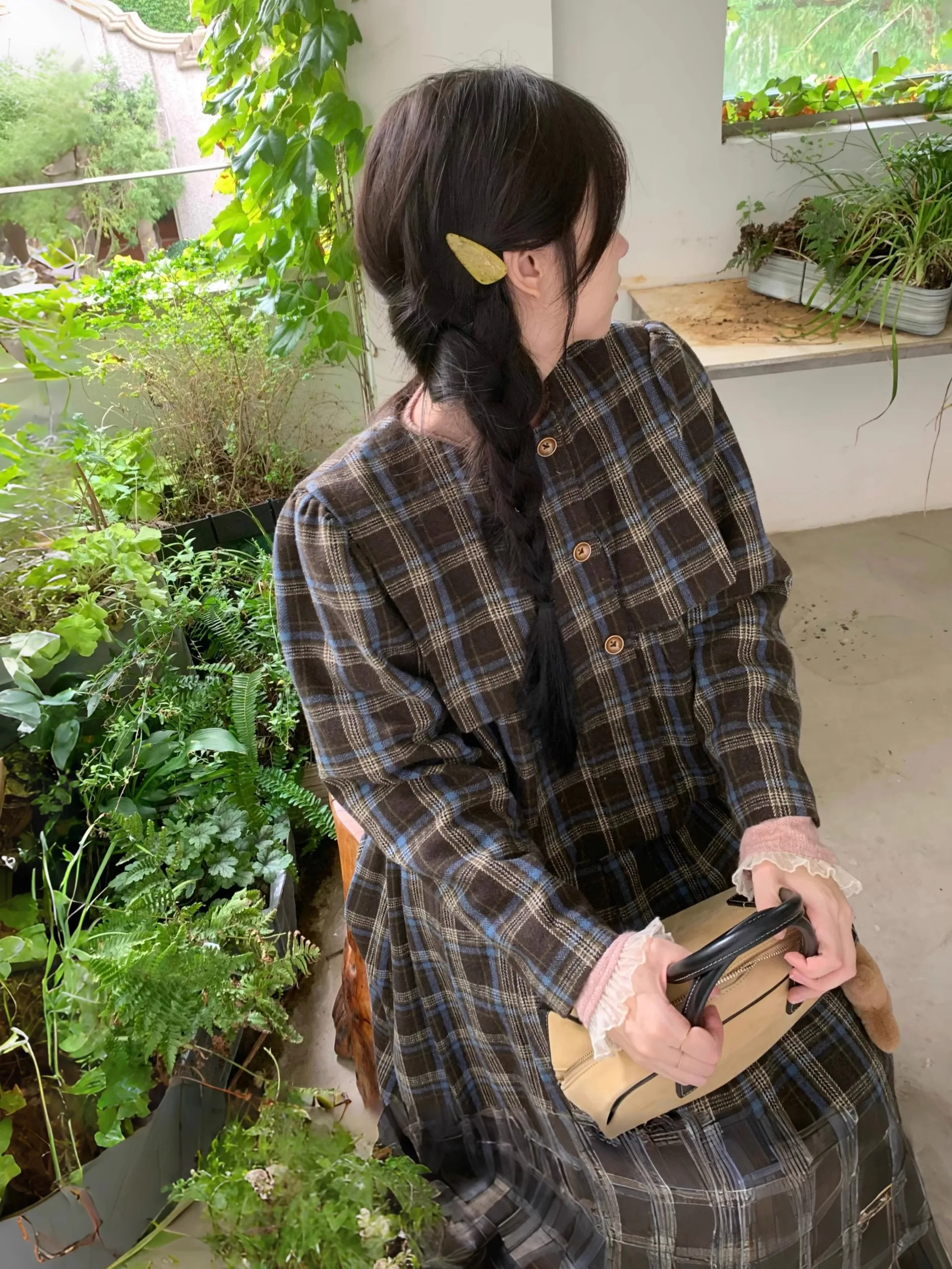 

Original Design Plaid Woolen Suit Set Faionable Skirt Slimming New Arrival Vintage Sle Long Sve Polyester Blend