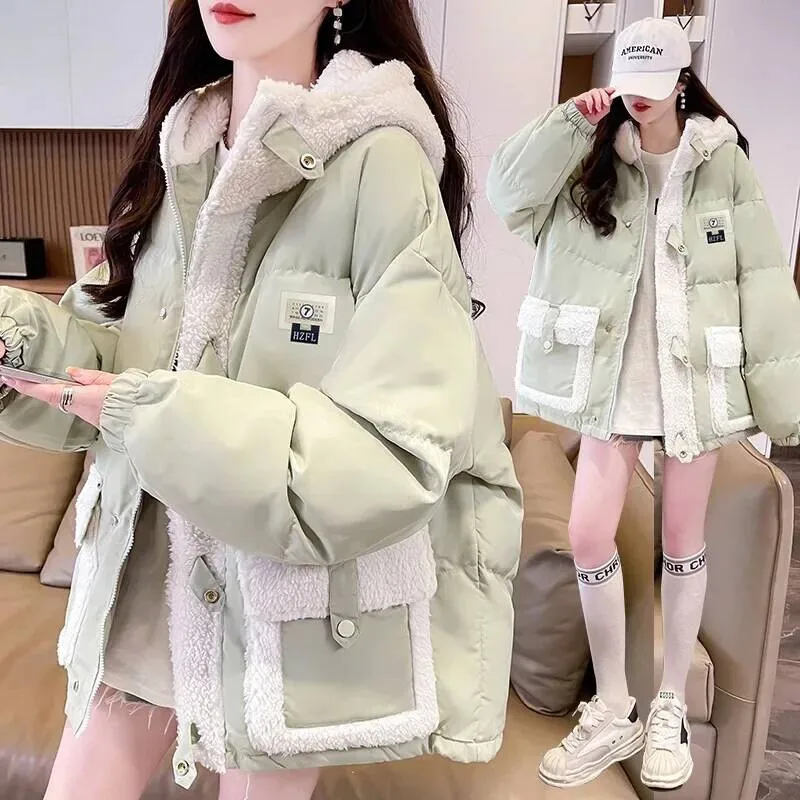 

Korean Style Thickened Cotton Jacket With Hood For Teenage Girls Autumn Winter Coat Long Sleeve High School Student Wear