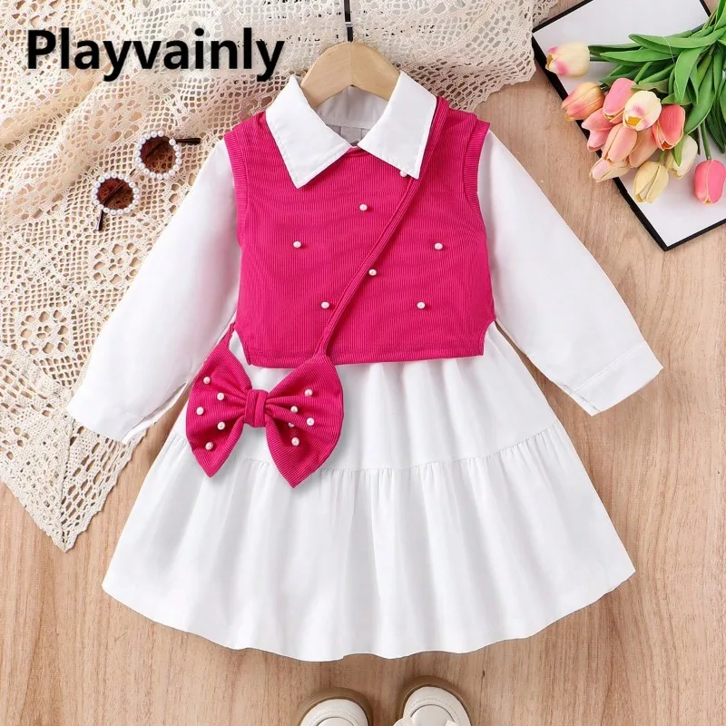 

Новые весенне-осенние модные платья для девочек: вязаный жилет цвета розовой розы + платье-рубашка с отложным воротником + сумка с бантом, детская одежда A2699