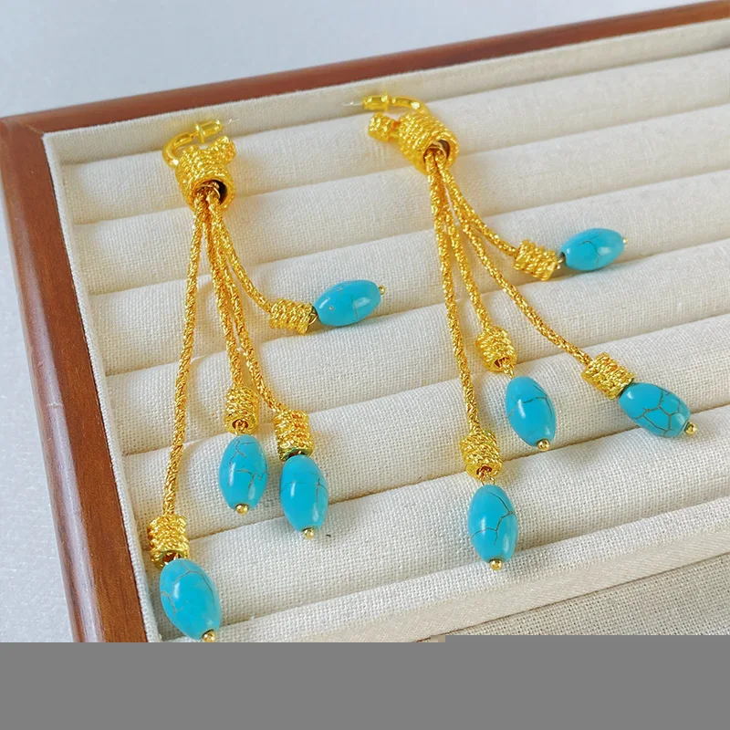 Newest Ins Influencer Fashion America Blue Turquoise Beads Ear Drop Dangle Gold Tassel Earring Bohemia Statement Fine Jewellery