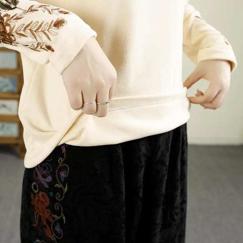 Autumn and Winter Embroidered Half High Neck Warm German Velvet Ethnic Long Sleeve Chinese T-shirt Retro Art Base Mom Top Female