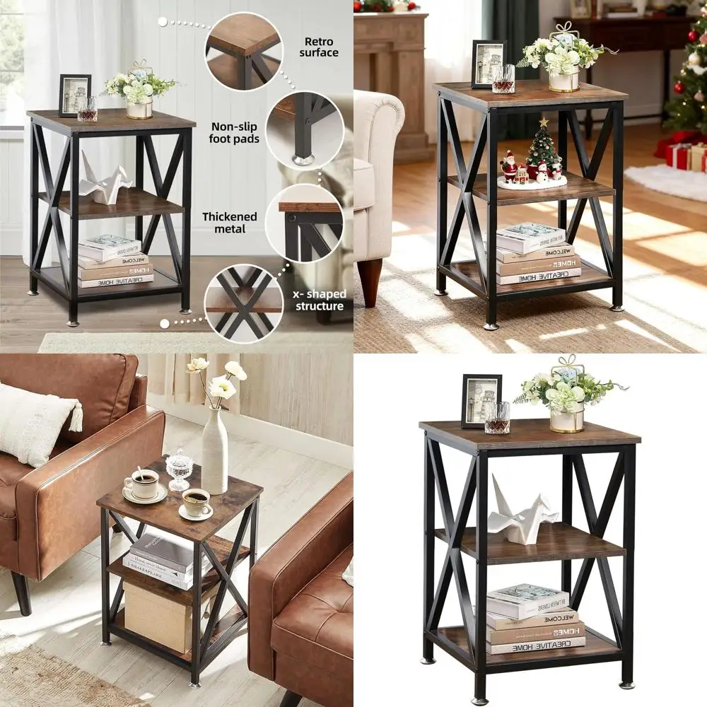 

Деревянный прикроватный столик в деревенском стиле с 3 ярусами для хранения, 16x16x24, для гостиной, с Х-образными ножками