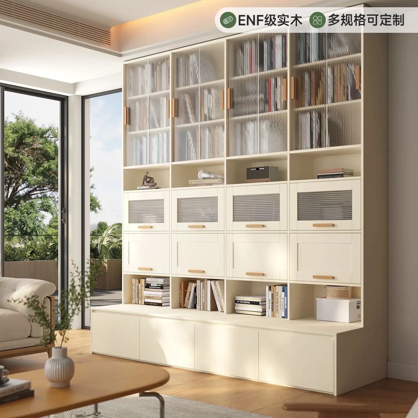 Cream White Wind Solid Wood Card Seat Bookcase Living Room Integrated Wall Bookshelf Oak Storage Display Cabinet