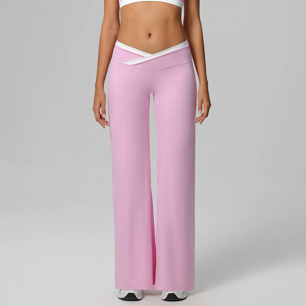 Womens Yoga Pants High Waist V Cross Wide Leg Sweatpants Contrast Trim Flared Trousers Athletic Gym Running Fitness Sportswear