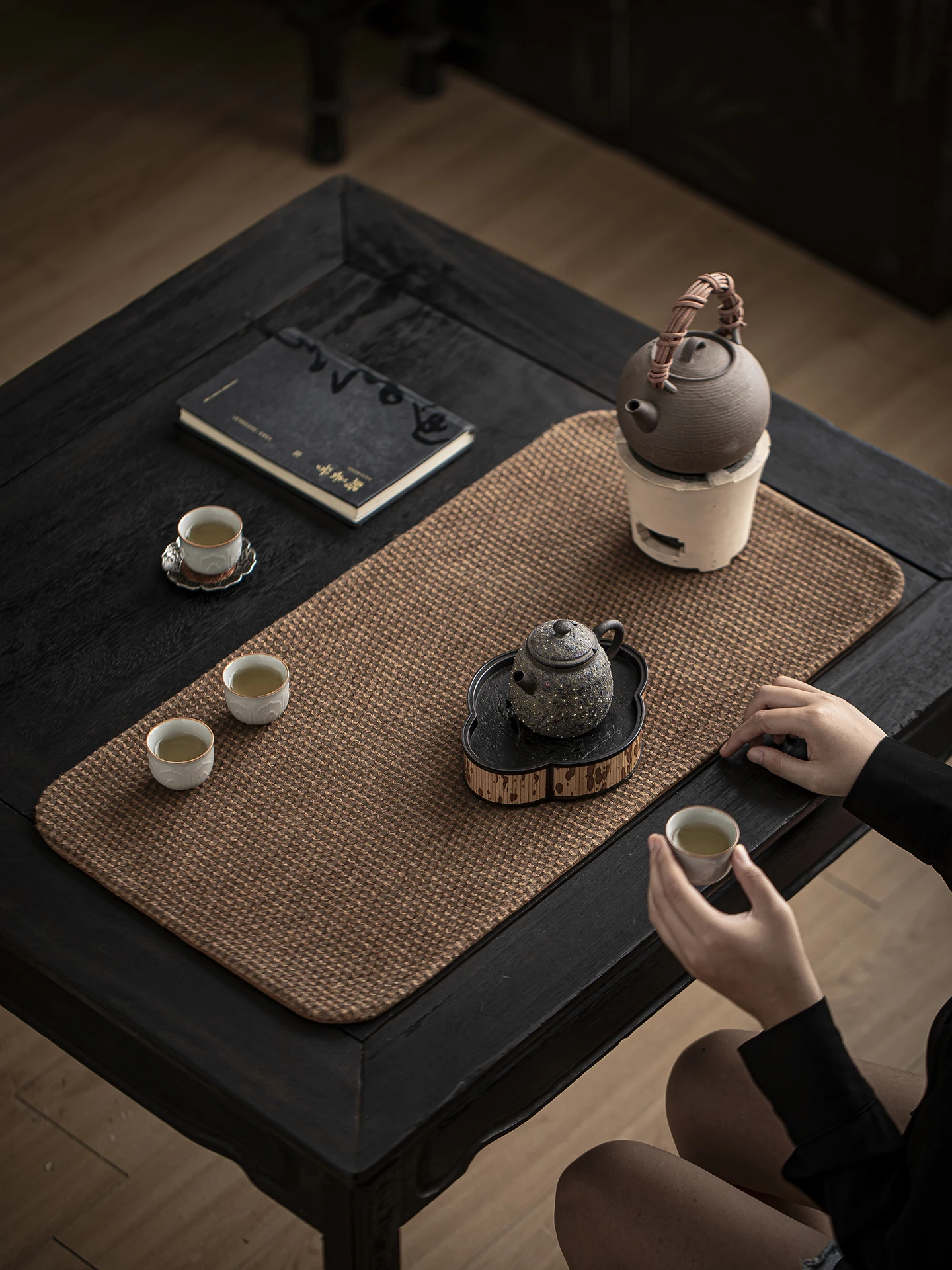 Chinese Style Tea Ceremony Mat Cotton Linen Woven Texture Yellow Linen Thread Tea Table Pad Cloth Personal Small Tea Mat