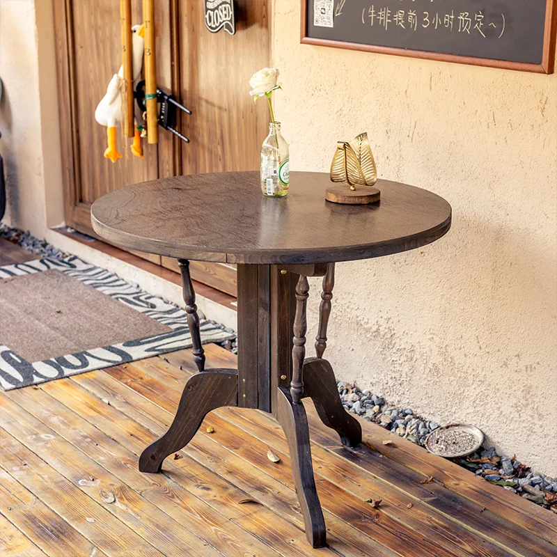 Retro Dining Table Round Table and Chairs Outdoor Table Coffee Shop Milk Tea House Solid Wood Indoor Coffee Tables
