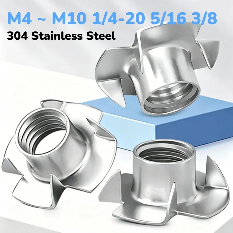 304 Stainless Steel M4 ~ M10 1/4-20 5/16 3/8 Four Claws Nut T-Nut Blind Pronged Tee Nuts