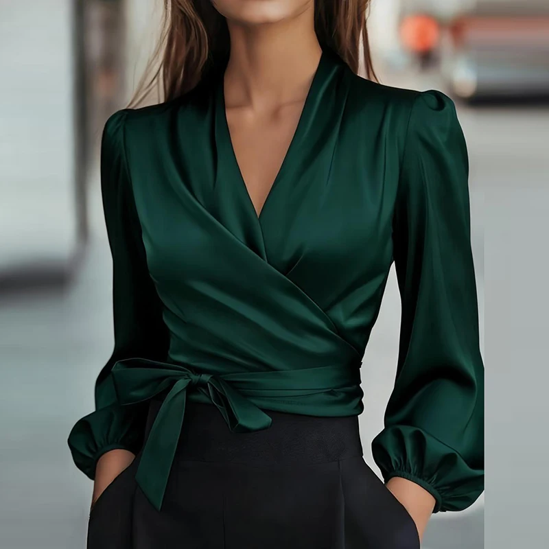 Seksowna bluzka z dekoltem w serek, marszczeniami, długim rękawem, satynowa, elegancka, do biura, damska koszula, moda damska, wiosna, jesień, bluzki sznurowane.