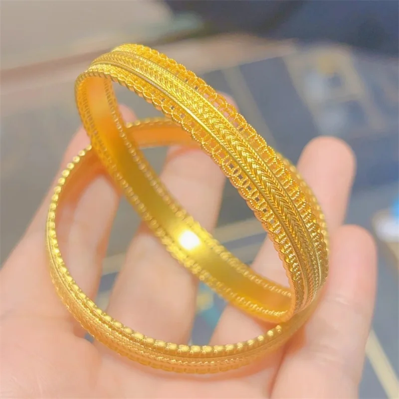 14K Gold Plated Stainless Steel Hollow Filigree Bangle, Ladies Exquisite Wheat‑Grain Carved Prosperity‑Symbol Daily Jewelry