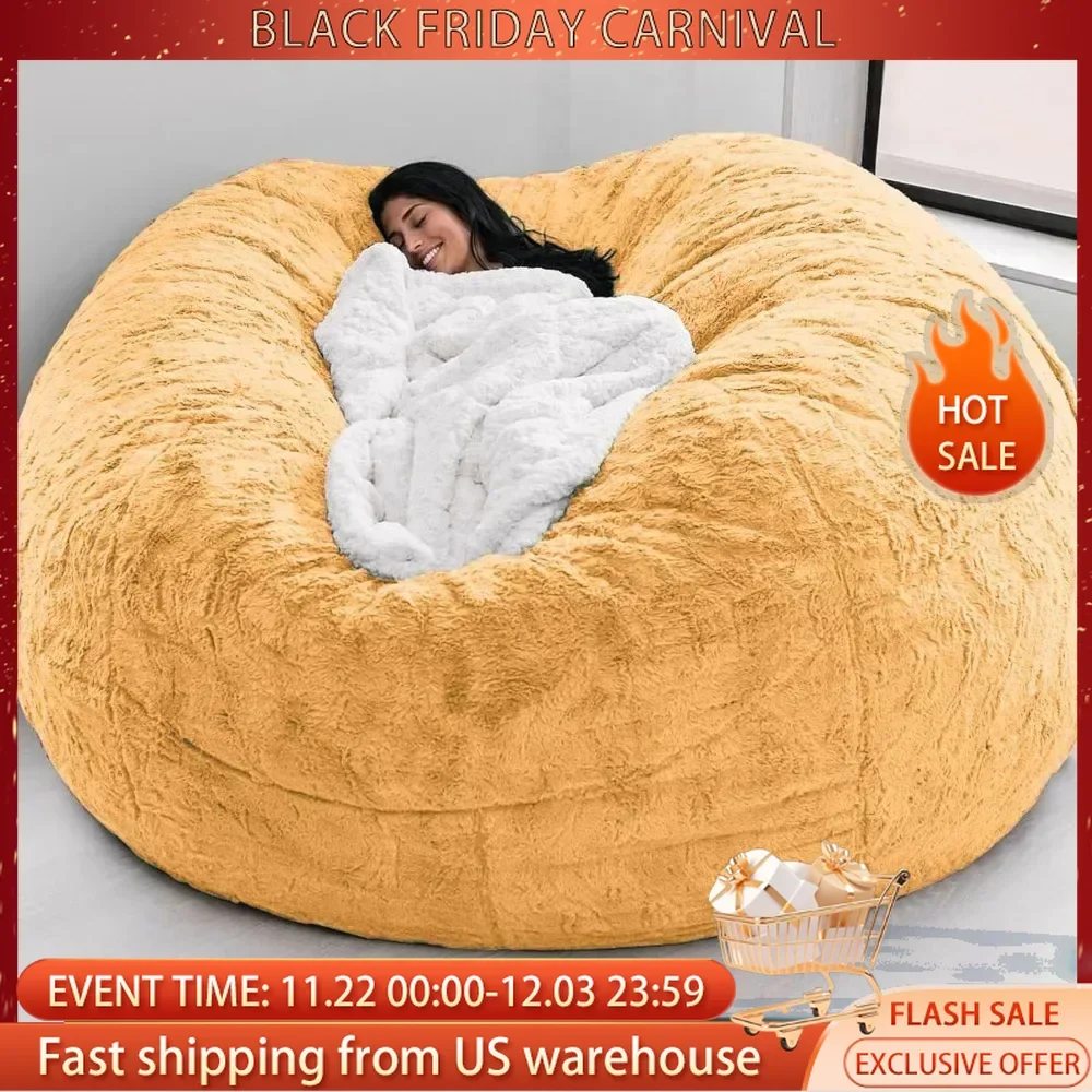 Chair Cover for Kids Adults, Living Room Furniture Big Round Soft Fluffy Faux Fur Beanbag Lazy (Cover only, No Filler)