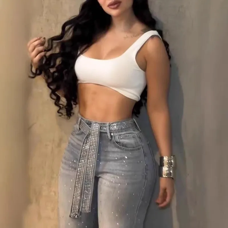 High Waist Straight Leg Jeans Slightly Stretchy Street with Rhinestone Embellishment Slight Stretch Full Length Women Jeans