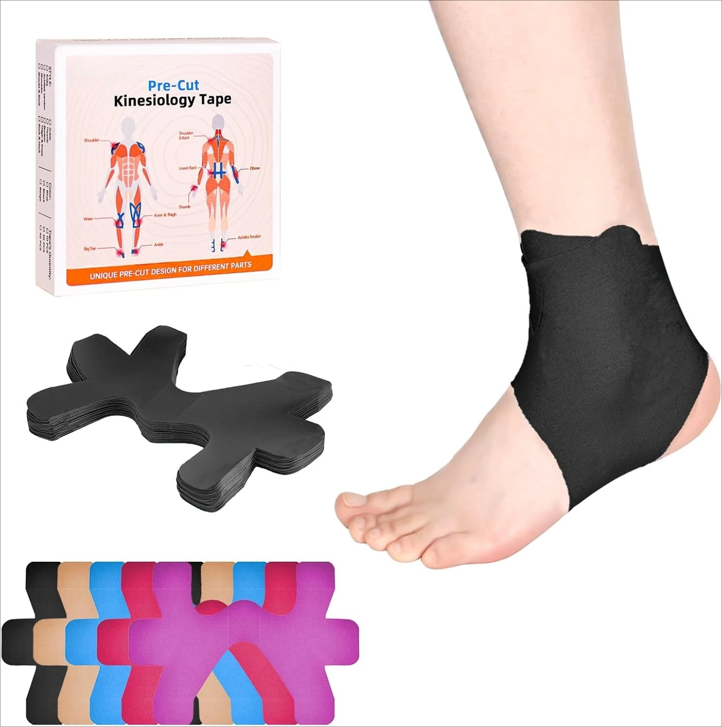 Precut Kinesiology Tape for Ankle, 10 Pcs - Ankle Support & Stability, Ankle Pain Relief Athletic Tape - Waterproof & Elastic