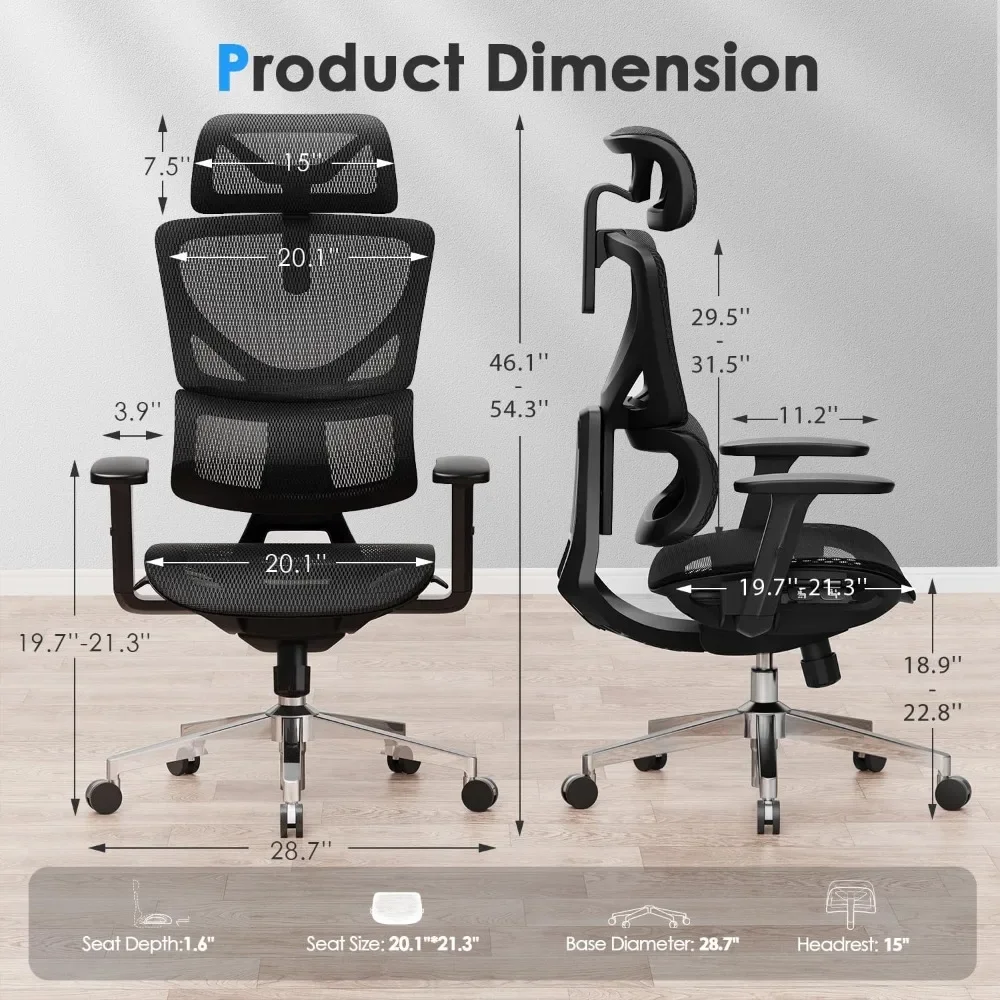 Ergonomic Mesh Office Chair - Seat Depth Adjustable Home Office Desk Chairs with Lumbar Support -Back Height Adjustable Computer