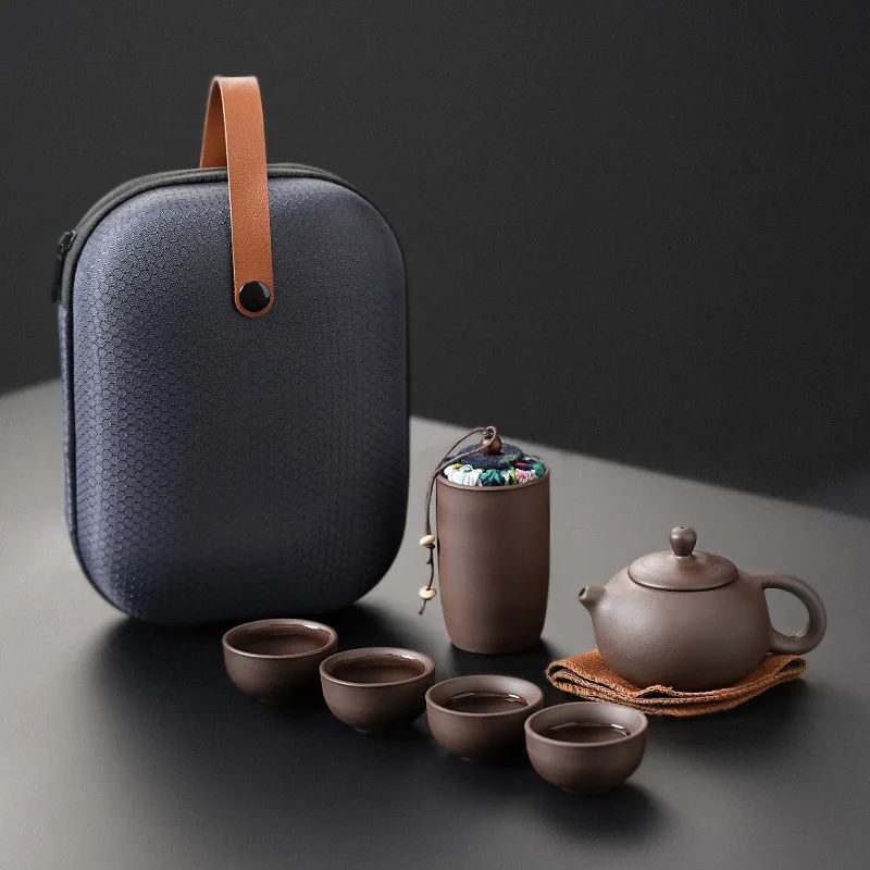 Purple Clay Travel Tea Set with One Pot And Four Cups Portable Outdoor Storage Quick Cup Kung Fu Style Small Gift Set view 5