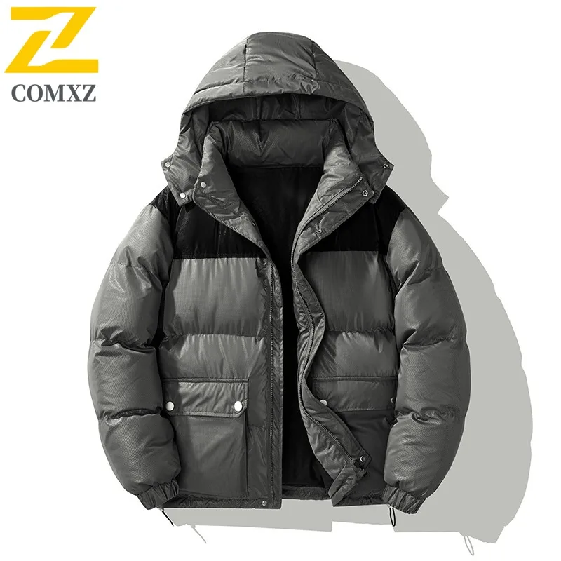 COMXZ 2025 Autumn Winter New Cotton Coat Men Winter Hooded Camping Windproof Outerwear Color Block Trendy Korean Style Jacket