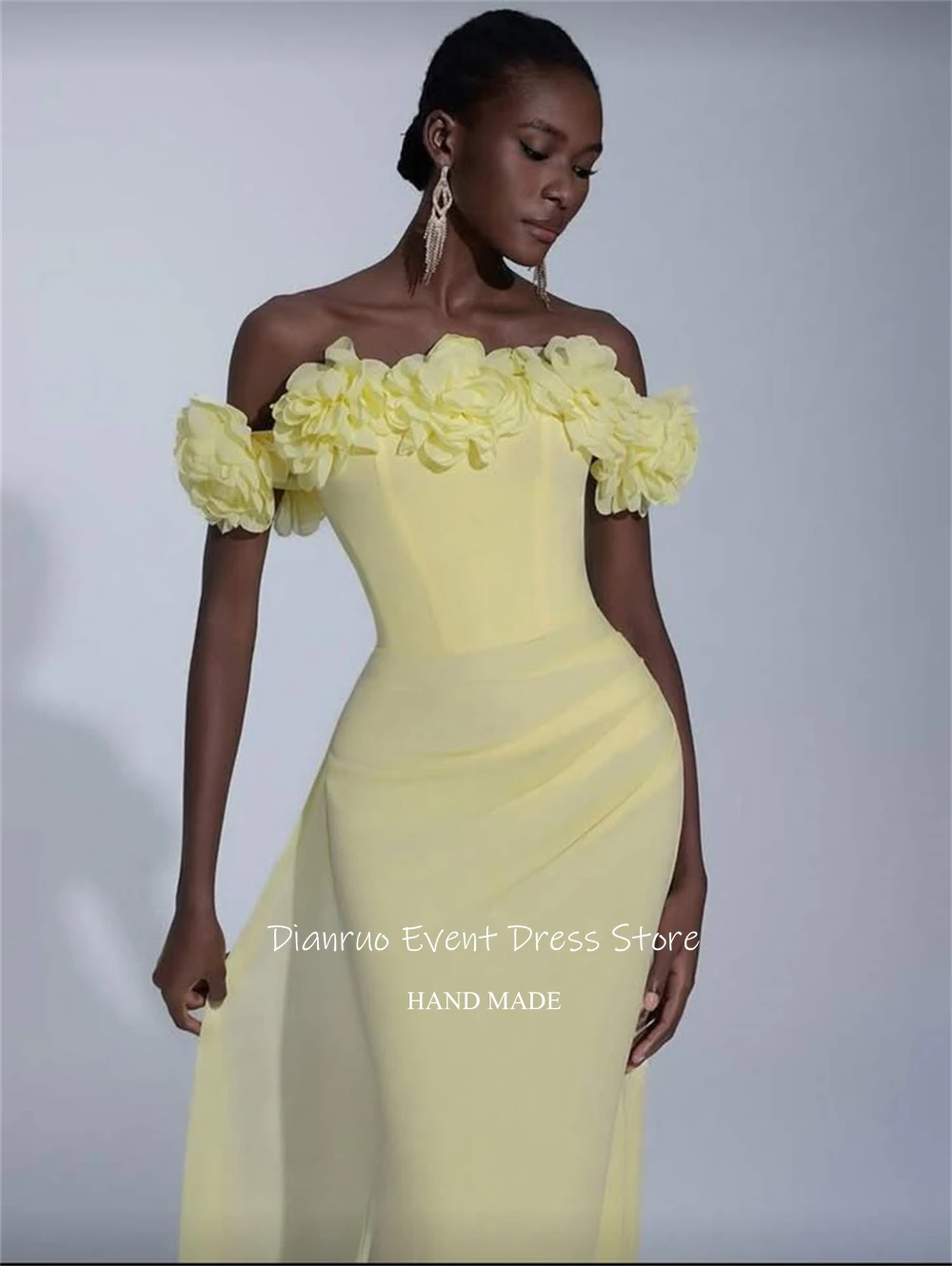 

Dianruo Yellow Off Shoulder Evening Dress Mermaid 3D Florals Vestido Formales Floor Length Unique Vestidos De Verano Customized