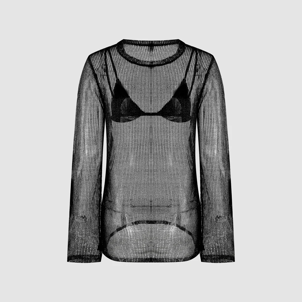 Women Sexy See Through Ribbed Mesh Long Sleeve T-Shirt 2 In 1 Built In Camisole Slim Fit Sheer Top Streetwear Club Party Blouse