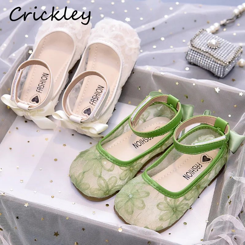 Flowers Mesh Girls Flats Shoes Ribbon Bow Shallow Children Princess Shoes Summer Autumn Anti Slip Soft Kids Party Shoes