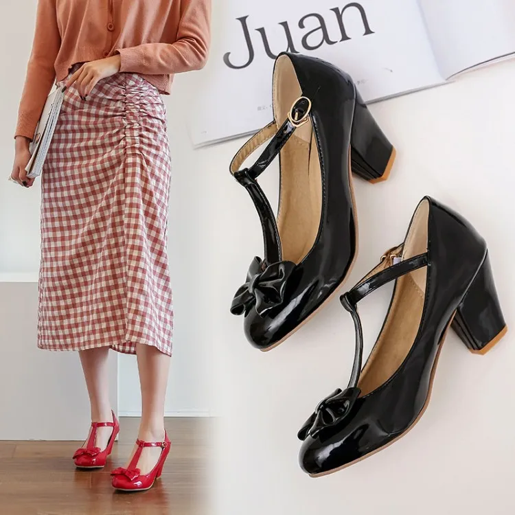 

Vintage Bowknot Men's Block Heels Mary Jane Drag Queen Black Party Wedding Round Toe Costume Large Size LGBTQ Women Shoes 34-48