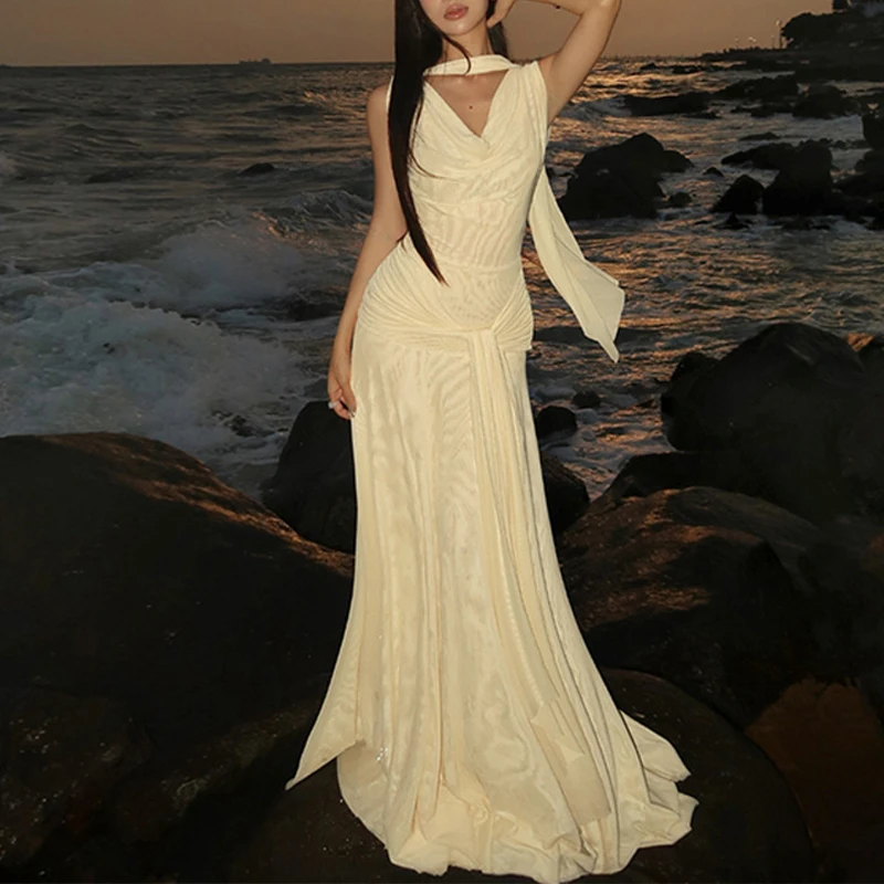 

Женское платье BKLD с открытыми плечами и воротником-стойкой, без рукавов, элегантное, сексуальное, с асимметричными сетчатыми вставками, на шнуровке, с драпировкой и плиссировкой, струящееся, длинное