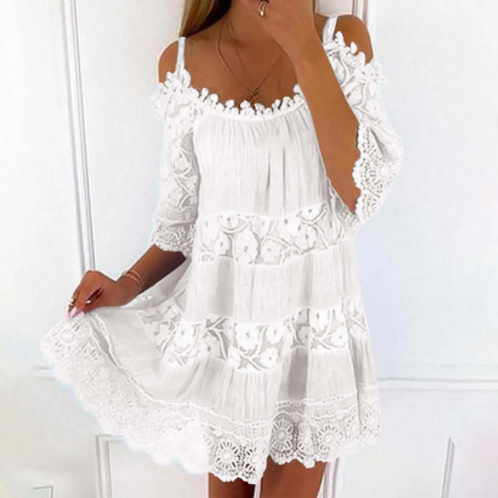 

Embroidery Crochet Lace Cold Shoulder Mini Dress Women Scoop Neck Half Sleeves Mid-Rise Loose Fit Summer Dress Lady Sundress