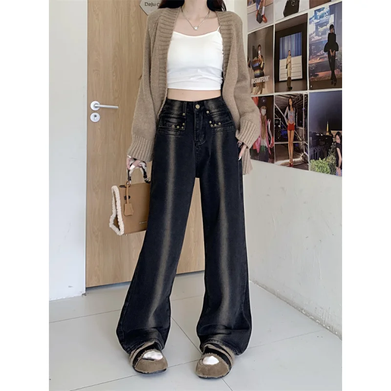 

Women's Wide-Leg Jeans, Autumn/Winter Style, New European and American Design, Casual High-Waisted Vintage Loose Straight Pants,
