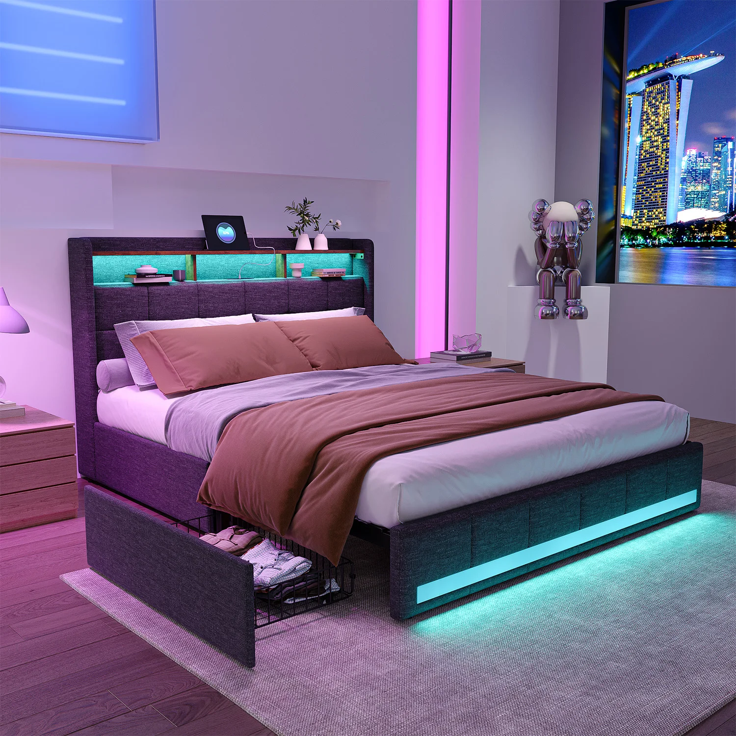 ROSAHQNDA Polsterbett mit Schubladen, 90/140/160/180 x 200 cm mit Stauraum, Doppelbett mit LED und USB, ohne Matratze