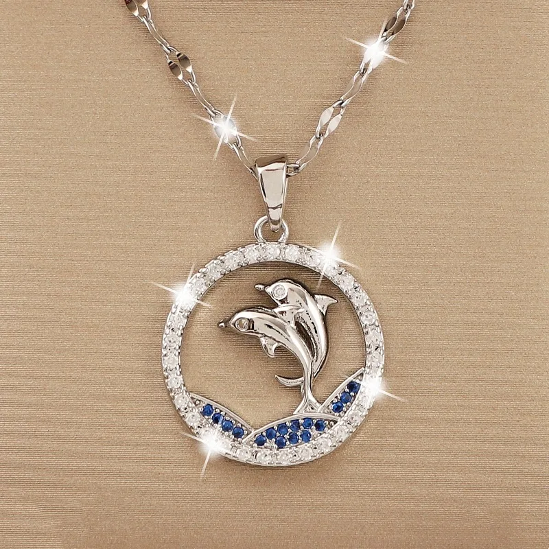 Blue Crystal Wave Pendant Cute Dolphin Necklaces For Women Vintage Silver Color Chain Animal Jewelry Accessory Mother's Day Gift
