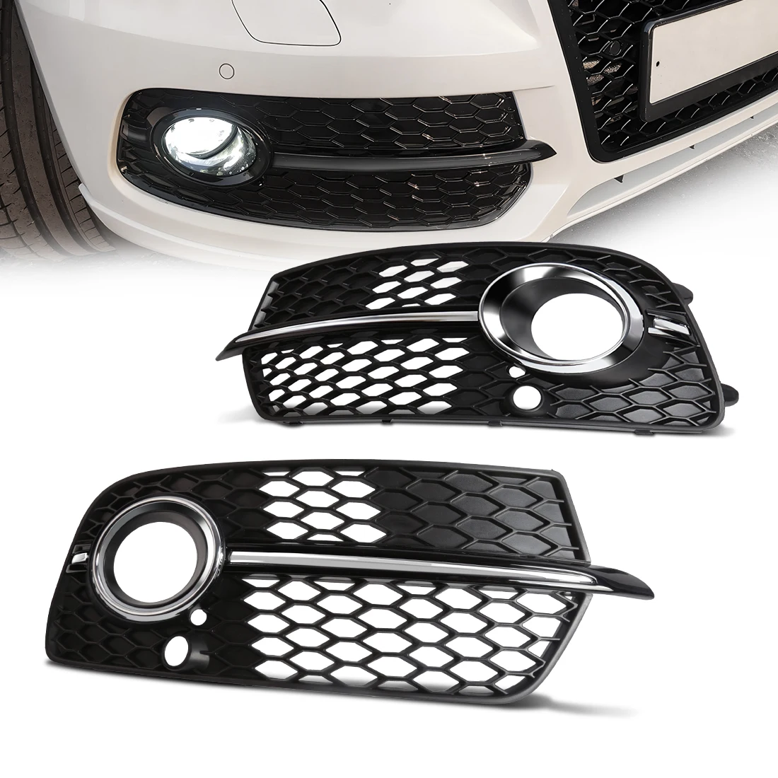 New Pair Front Fog Light Cover Grille Honeycomb Grill For Audi Q5 Sport S-line 2013 2014 2015 2016 2017 8R0807681S 8R0807682N