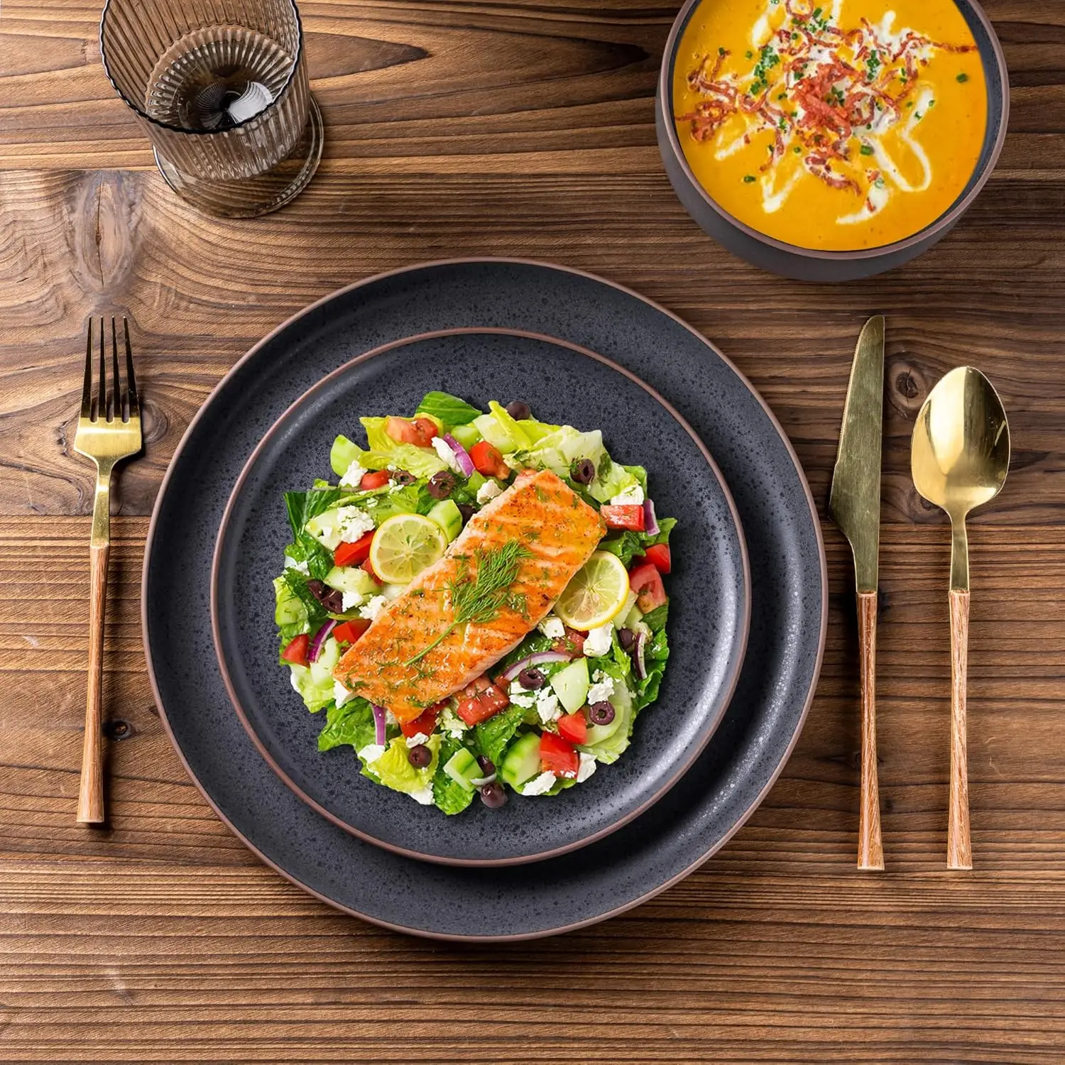 ชุดอาหารเย็นสโตนแวร์สําหรับ 6, ชุดจานและชามเซรามิกหัตถกรรม, จานชิปและป้องกันรอยขีดข่วน, เครื่องล้างจานและไมโครเวฟ