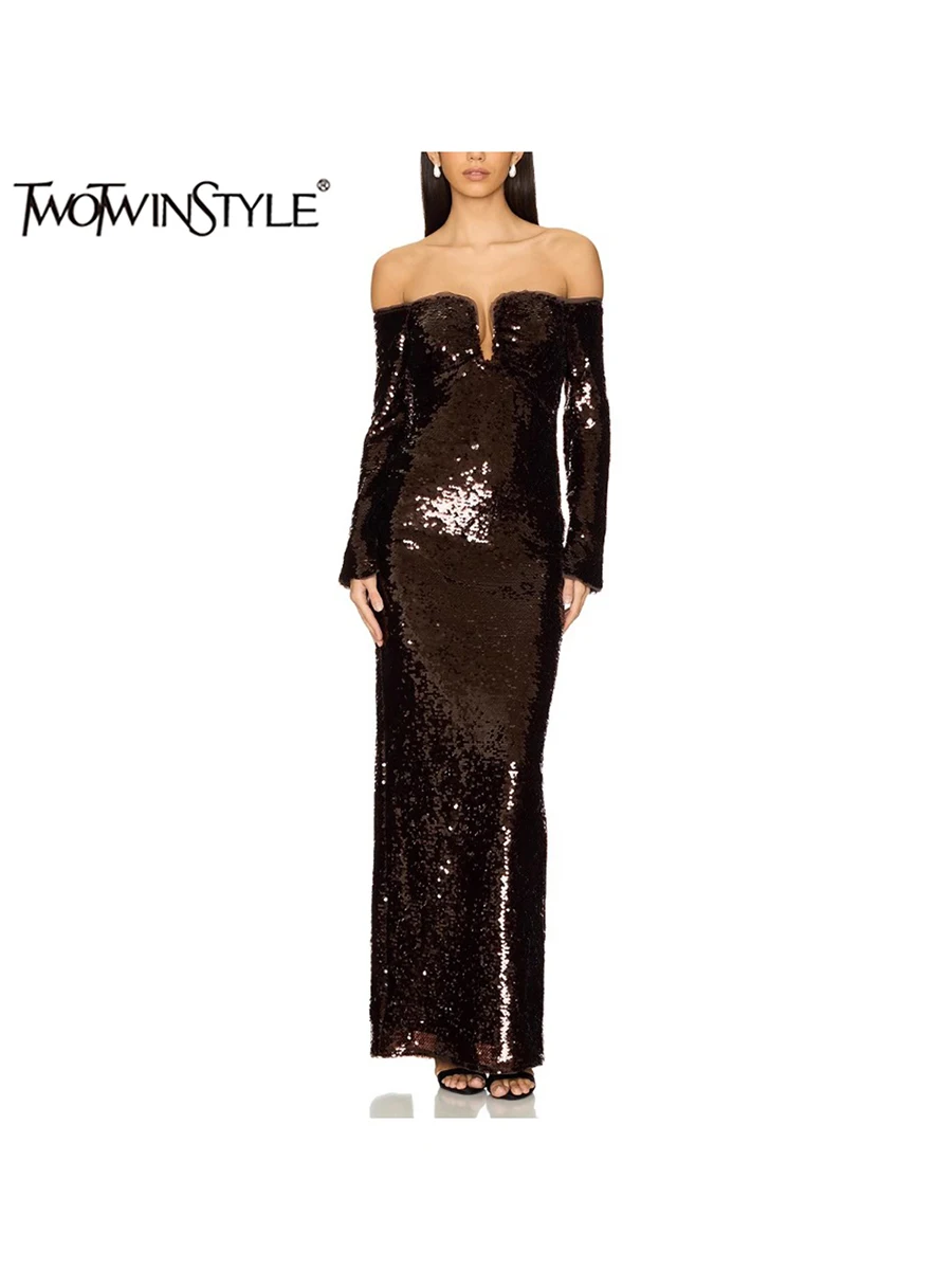 

TWOTWINSTYLE однотонные ажурные утягивающие платья для женщин с разрезом на шее и длинными рукавами, облегающее платье с высокой талией, женский модный стиль