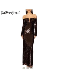 TWOTWINSTYLE Solid Hollow Out Slimming Dresses For Women Slash Neck Long Sleeve High Waist Bodycon Dress Female Fashion Style