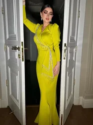 Oisslec Dress Elegant Vintage Sweet Yellow Crystal Beads Mermaid V-Neck Customize Formal Occasion Prom Dress Evening Party Gowns