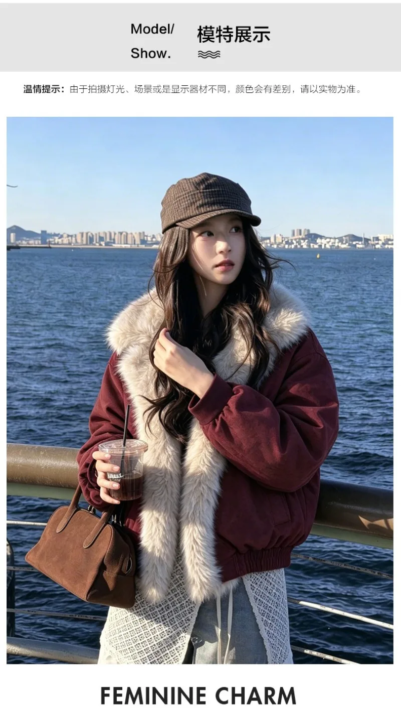 2026 Fashion Down Cotton-padded Jacket Women's Winter Coats Long Fur Collar Short Parkas Thicken Warm Streetwear Loose Outerwear