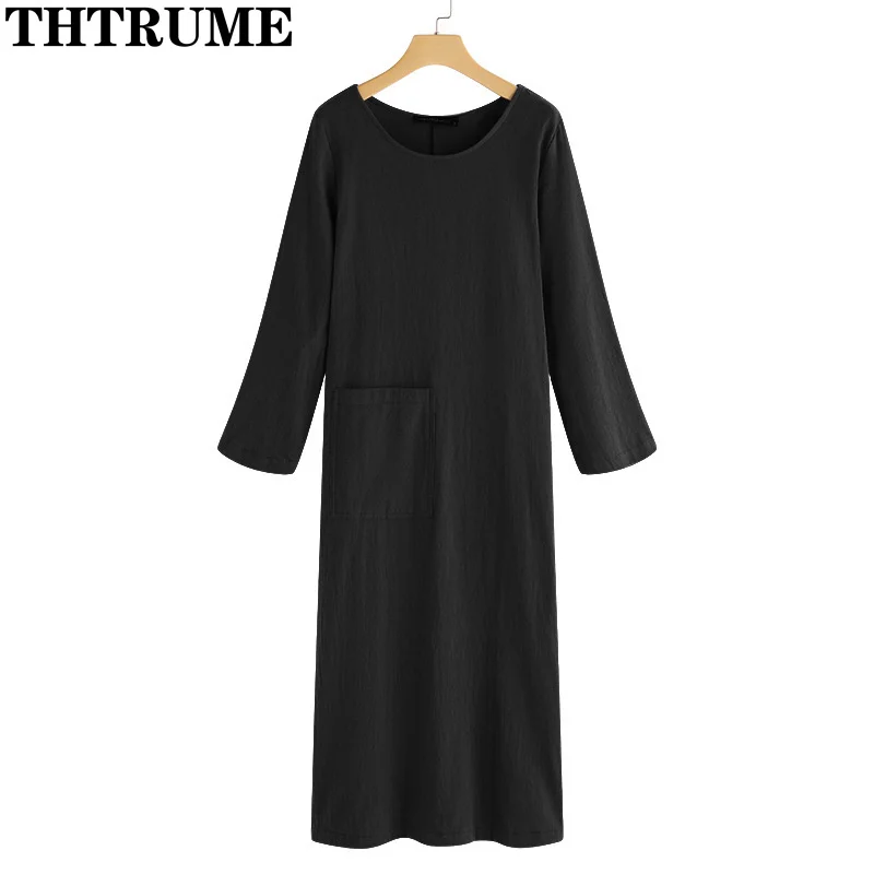 New 2024 Long Sleeve Dress Fashion Women Autumn Winter Solid Loose Pocket Vintage Vestidos Casual Office Lady Cotton Chic Robe