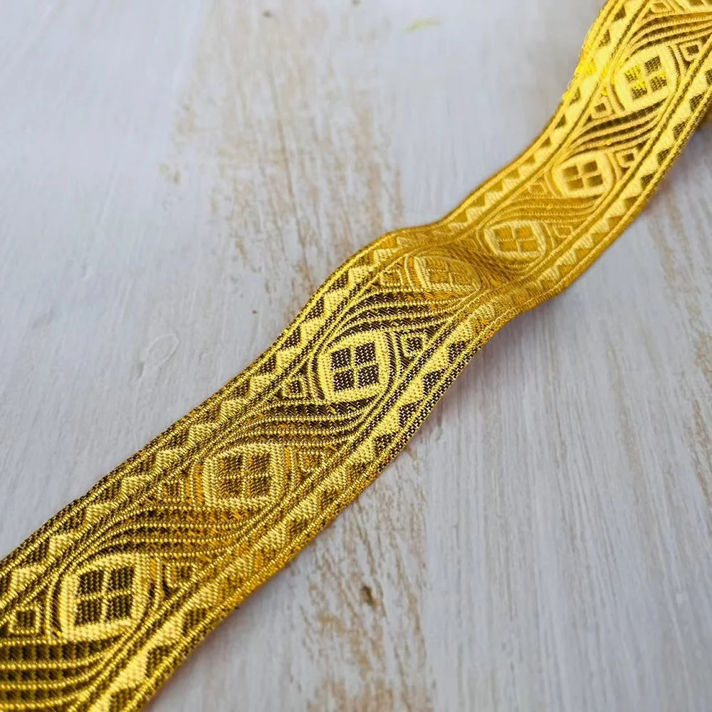 7 Meters /Lots Ethnic Style Webbing Woven Jacquard Ribbon 3.3 CM  Gold For Garment Straps Accessory IS-3280