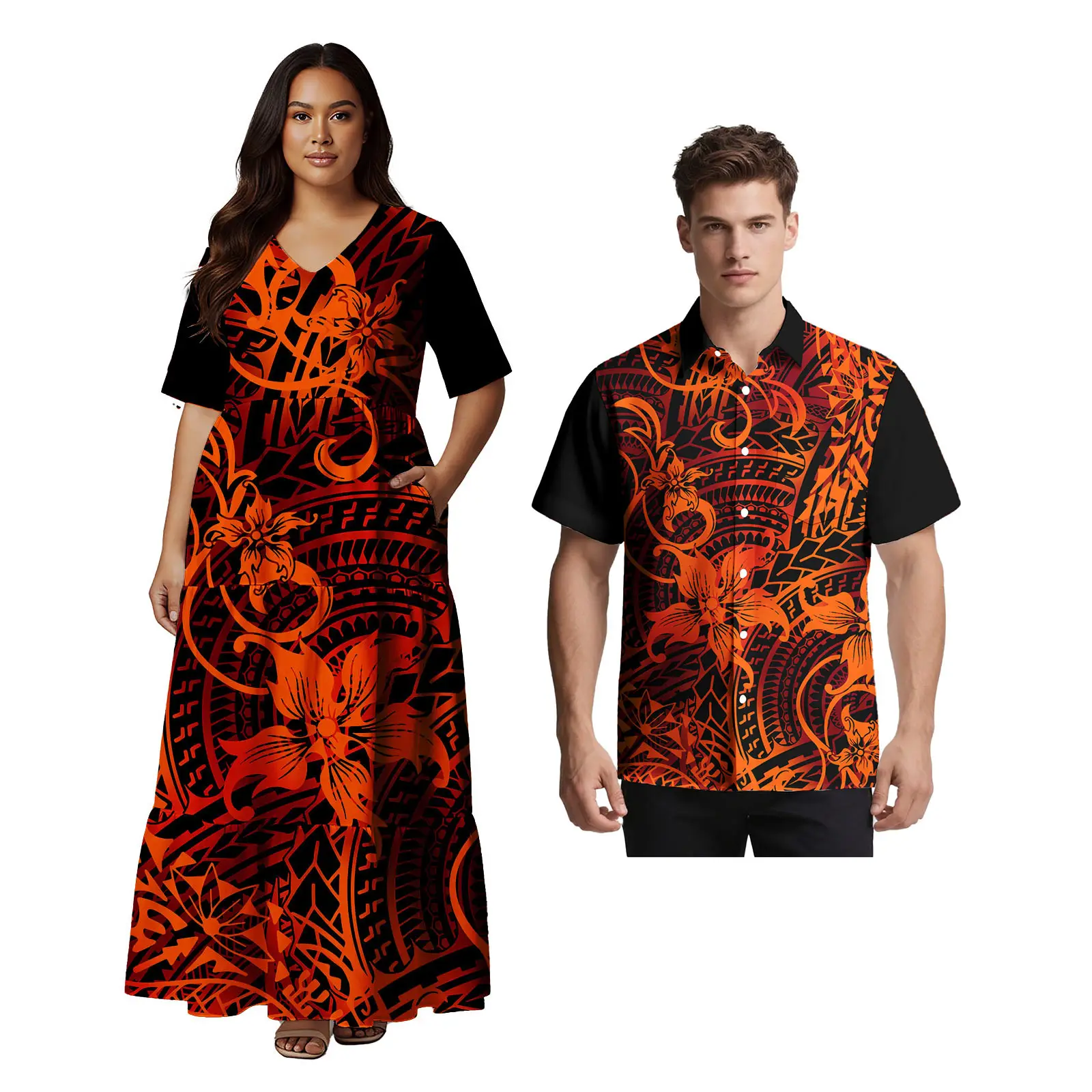 Samoan Ethnic Style Custom Clothes Polynesian Short Sleeve Women Dress Man Aloha T-Shirt Hawaiian Tribal Design Couple 2pc Set - Image 5