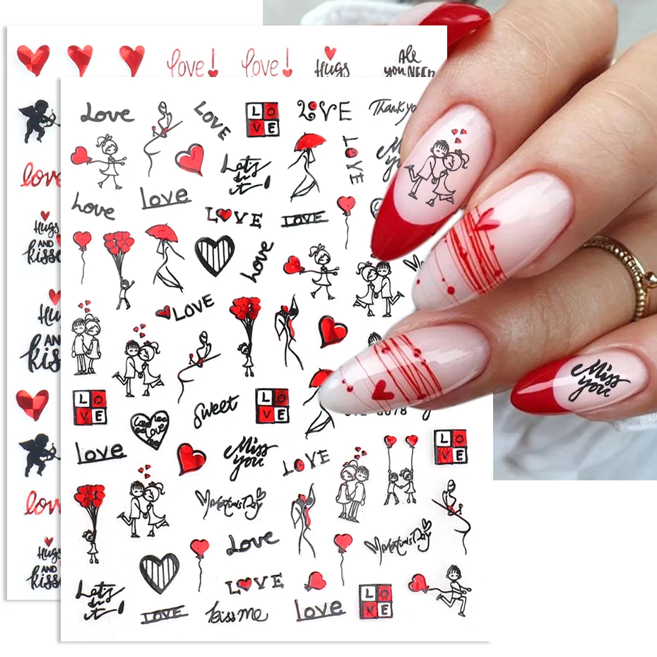 3D Valentine Nail Stickers Rose Love Heart Couple Red Sexy Lips Leopard Design Gel Polish Slider DIY Nail Art Decoration BESTZ-G