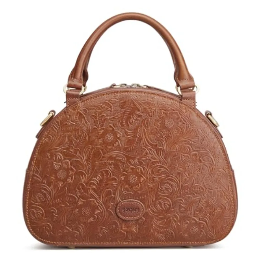 

S-ZONE Leather Crossbody Bags for Women Vintage Handbag Top Handle Purse Designer Dome Satchel