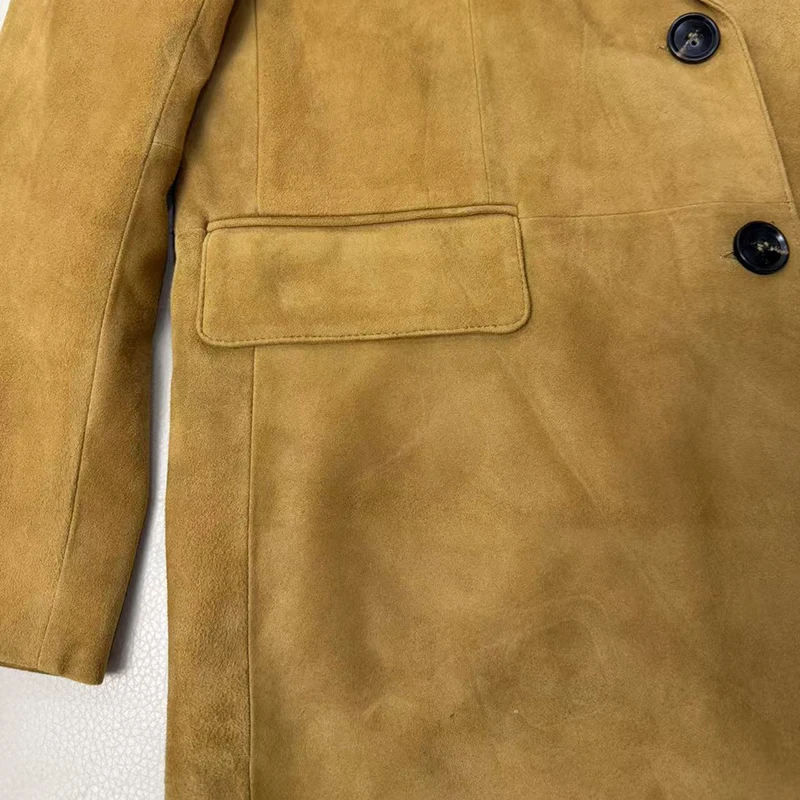 Real Suede Jacket Spring Women Old Money Style Retro Casual Long Sleeve Back Split Slim Sheepskin Suit Jacket Blazer Veste Femme