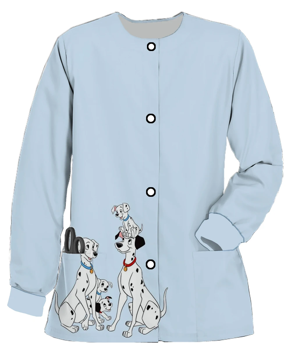 Dalmatian women's work clothes, printed Disney series printed round-neck pocket cardigans, button scrubs, dental beauty salon