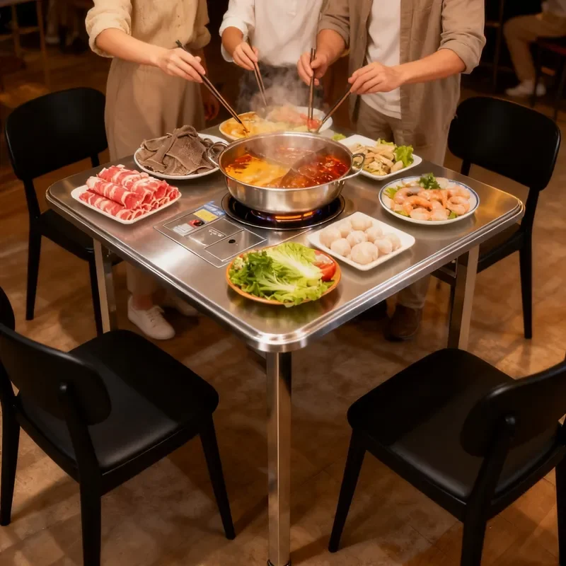 Industrial Style Commercial Folding Stainless Steel Hot Pot Table with Cassette Stove and Induction Cooker Integrated Outdoor