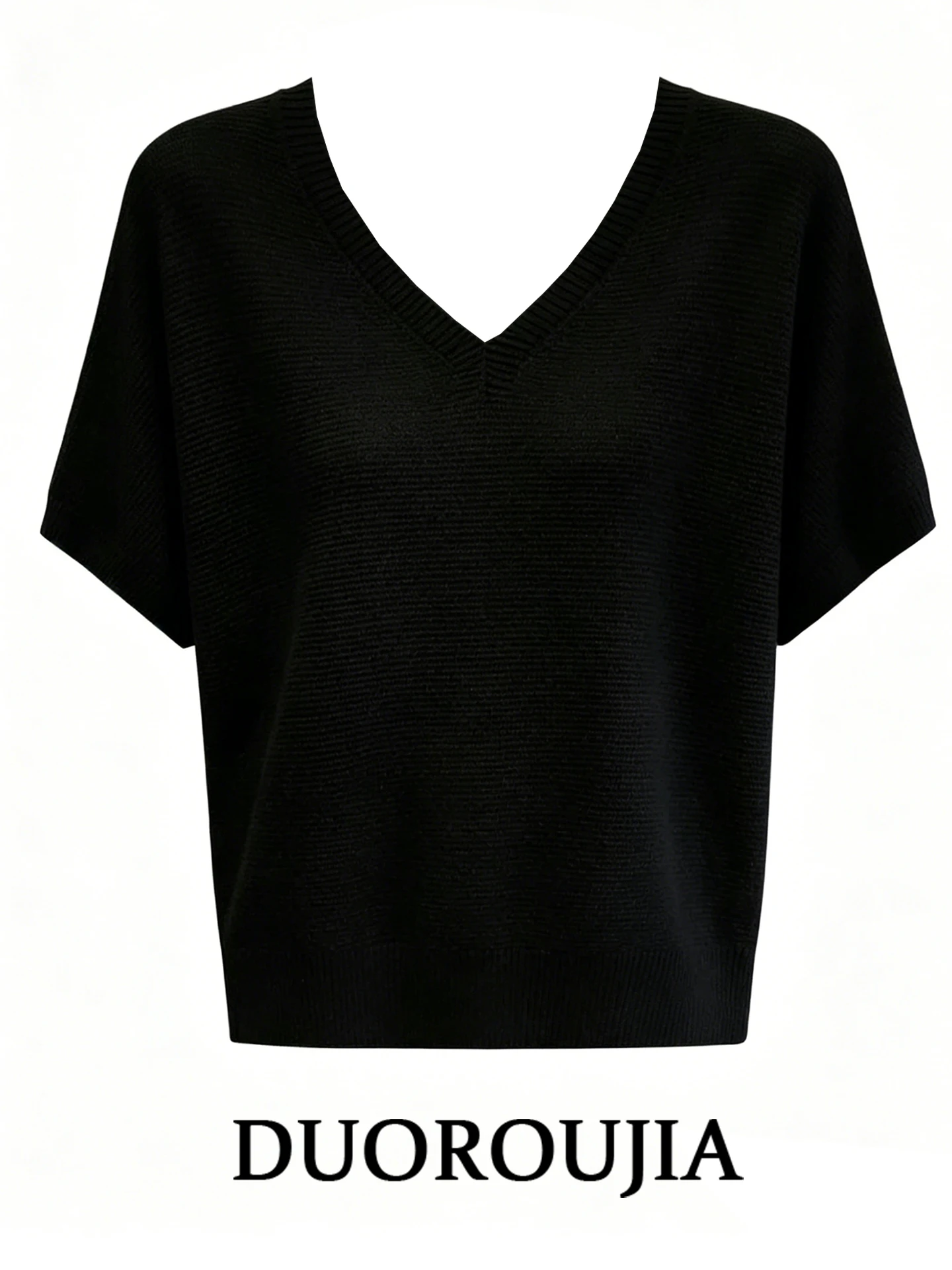 

plus Size Knitted V-Neck Batwing Sleeve Black T-Shirt Women Summer Slimming Color Top High Waist Korean Style Regular Fit