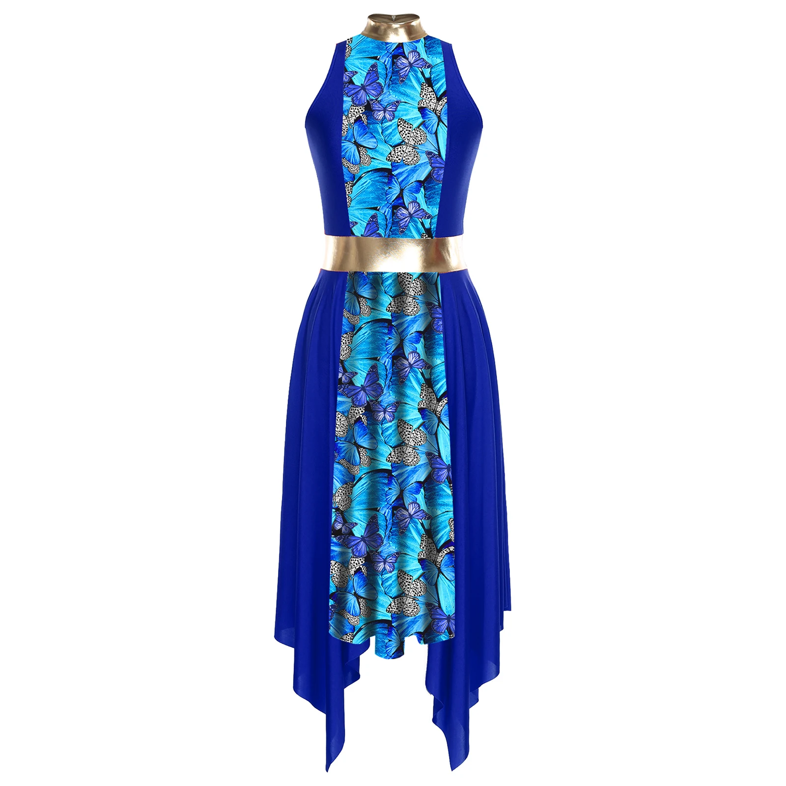 

Womens Worship Praise Dress Sleeve Back Hollow Out Print Irregular Hem Dress Lyrical Modern Dance Costume Ballet Dancewear